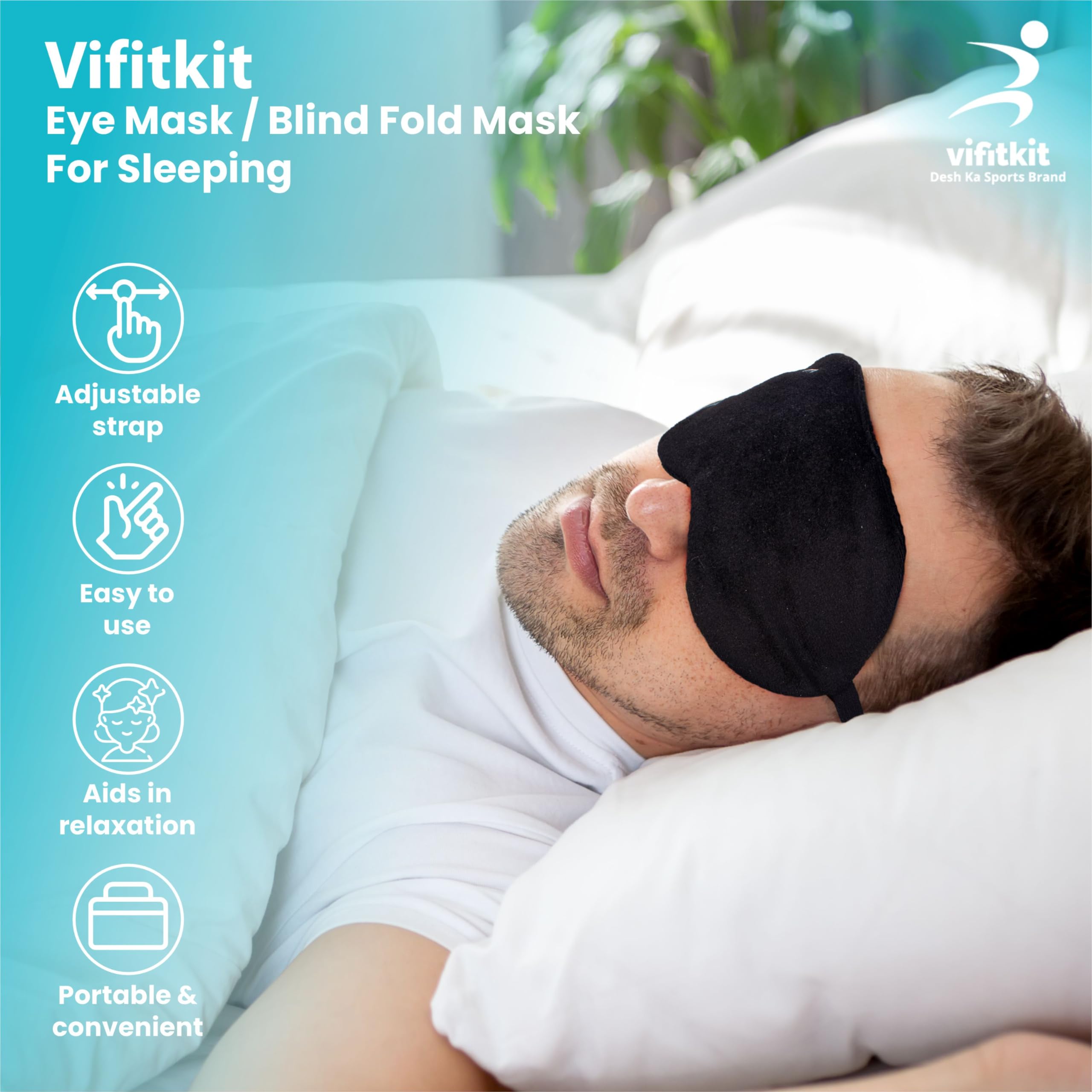 VFK by Trendy Home Eye Mask For Sleeping With Adjustable Strap, Premium Sleeping Mask for Men, Women and Kids, Blind Fold For Comfortable Sleep, Travelling Sleep Mask, Sleeping Eye Mask (Black) - Image 2 thumbnail