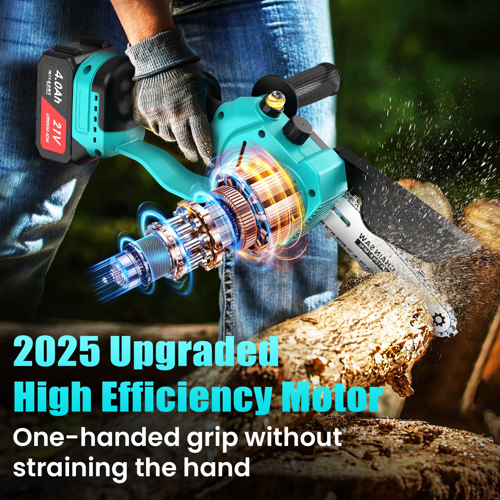 Motosega a Batteria,con 8000mAh Batteria 1000W alimentata a batteria, di piccole dimensioni, con 2 batterie da 4000 mAh e caricabatterie da 21 V per potatura di rami