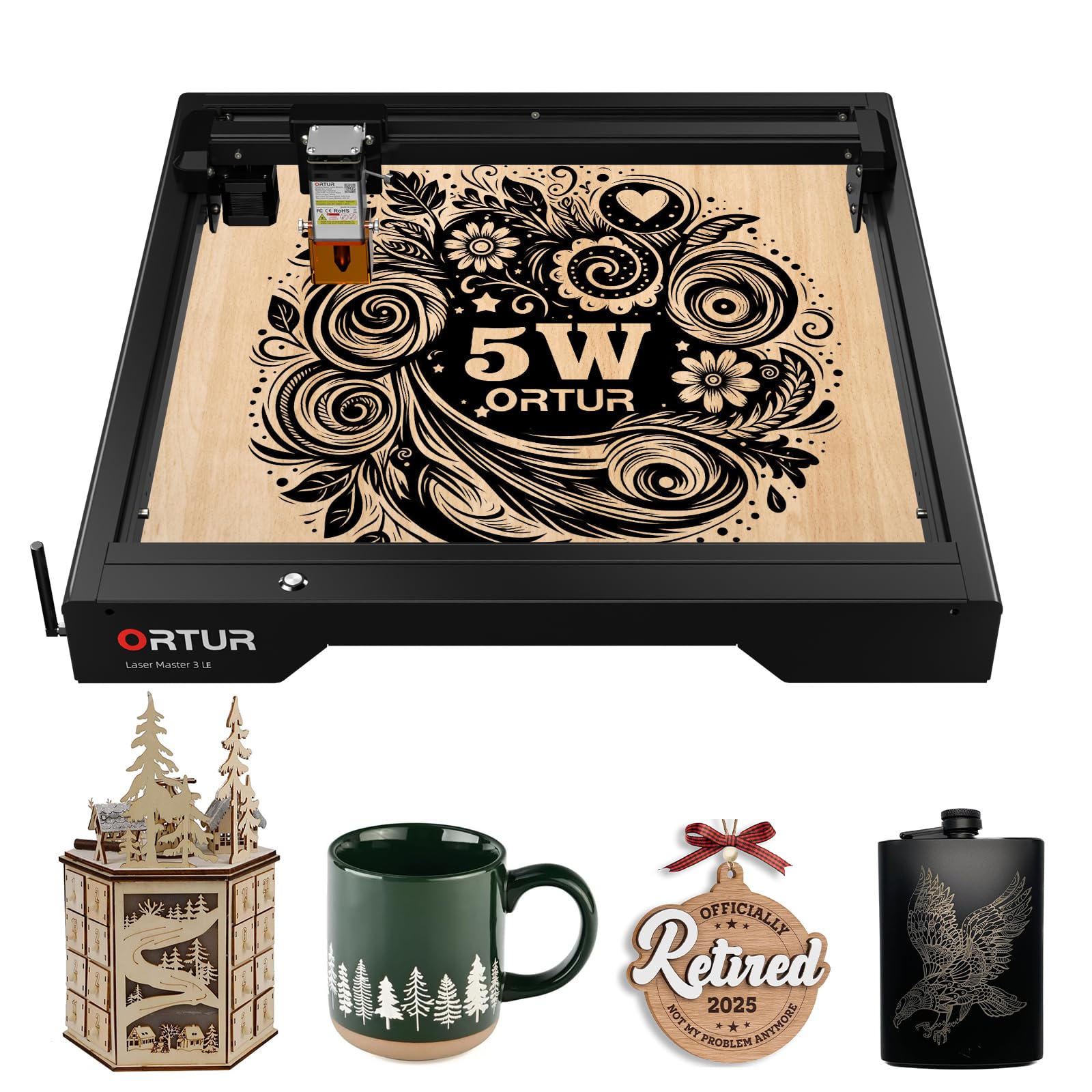 5,000mW Engraving Machine, Ortur Laser Master 3 LE Laser Engraver, High Precision 0.09×0.15mm Spot, WiFi APP Control, 400×400mm Work Area, Detail Engraving for DIY Crafts, Wood, Acrylic, Leather