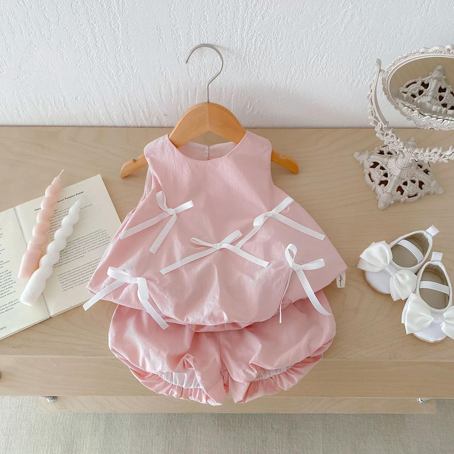 Baby Girl Summer White Embroidered Ruffle Sleeveless Top and Green Bloomers Set