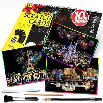 10 Board Scratch Art Book for Adults, Rainbow Cityscape Kit with Tools