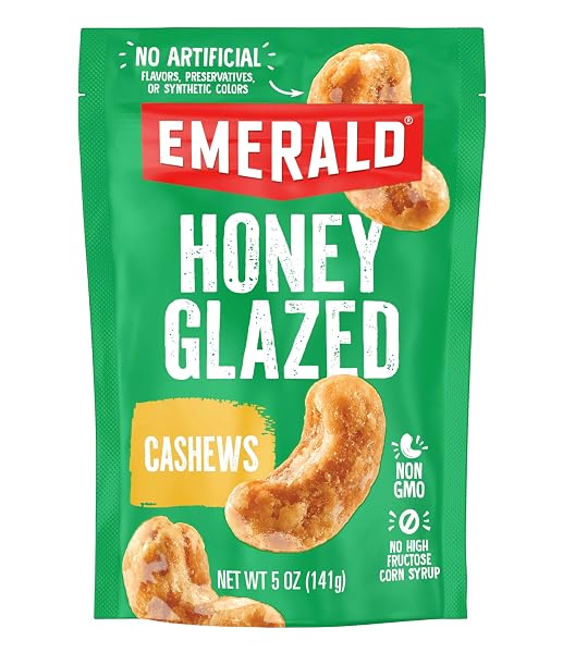 Emerald Honey Glazed Cashews Resealable Bag, Kosher Dairy Certified, Non-GMO, Contains No Artificial Preservatives, Flav
