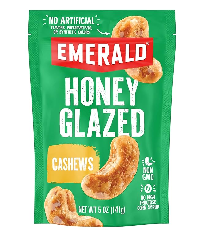 Emerald Nuts Honey Glazed Cashews (1-Pack), 5oz Resealable Bag, Kosher Dairy Certified, Non-GMO, Contains No Artificial Preservatives, Flavors or Synthetic Colors