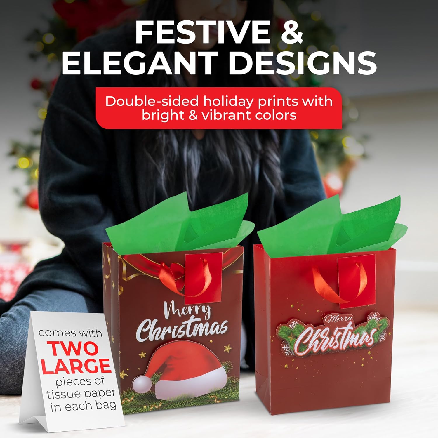 RACHELLE'S Christmas Gift Bags – Small 9"x7"x3" (10-Pack) – Sturdy Paper Gift Bags with Tissue Paper, Tag and Handle – Holiday Wreath and Hat Designs – Christmas Holiday Gifting & Party Favors