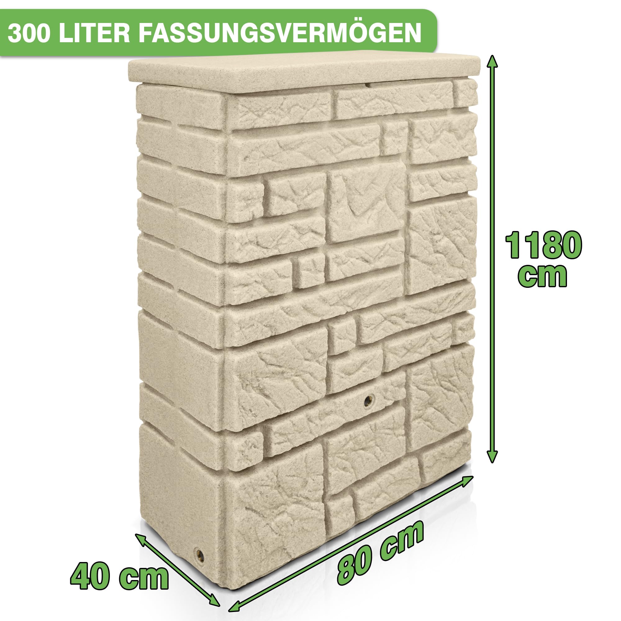 YourCasa Regentonne 300 Liter [StoneRain] mit Metallgewinde und Deckel in Steinoptik - Regenfass Frostsicher aus Kunststoff - Regenwassertonne - Regenwassertank Garten Wassertank Regensammler (Sand)