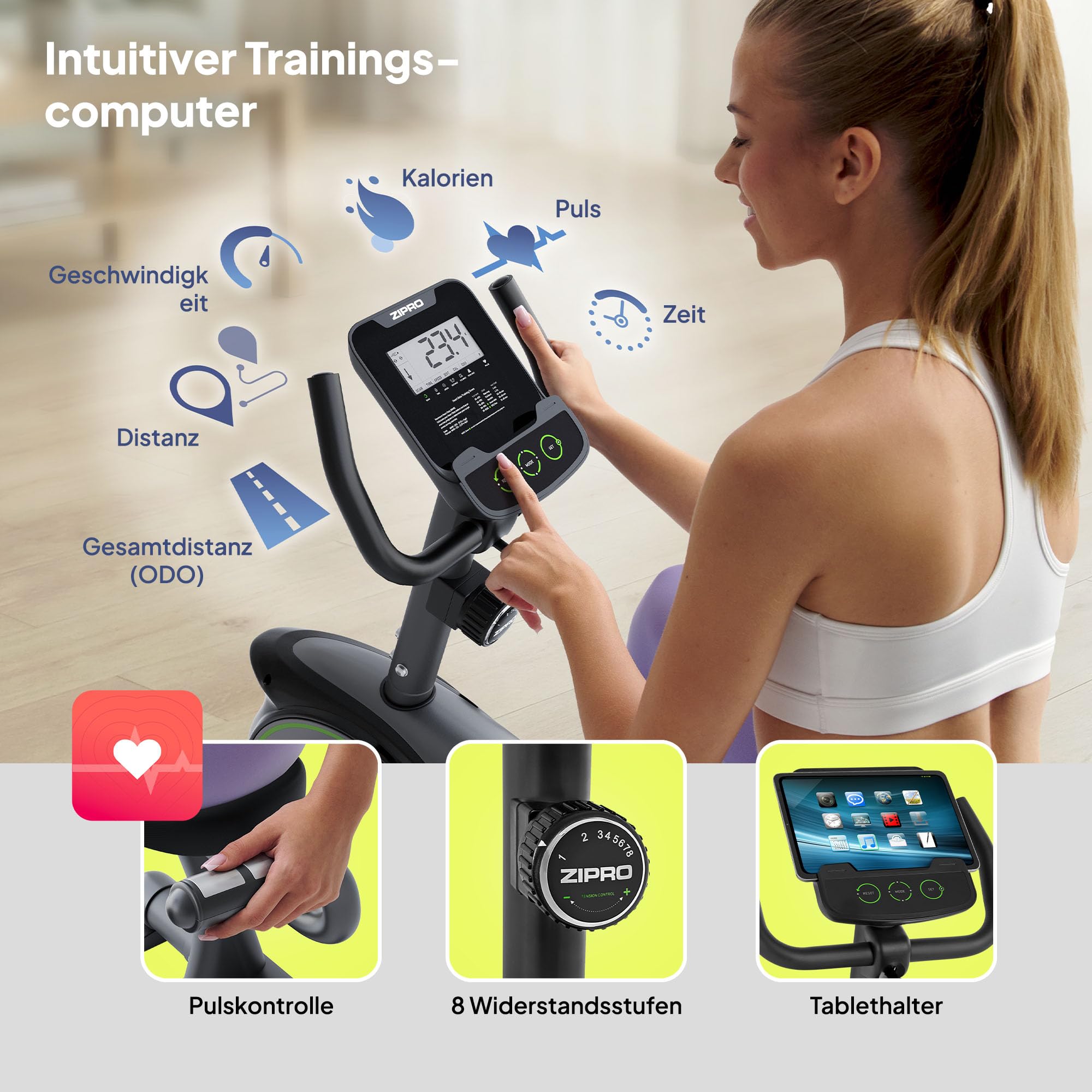 Zipro Heimtrainer Fahrrad Easy, Ergometer Fitnessbikes, Magnetisches Fahrradtrainer, Ergometer Fahrrad bis 150kg, Indoor Bike, Trainingsfahrrad für zuhause, Fahrradergometer Batteriebetrieben