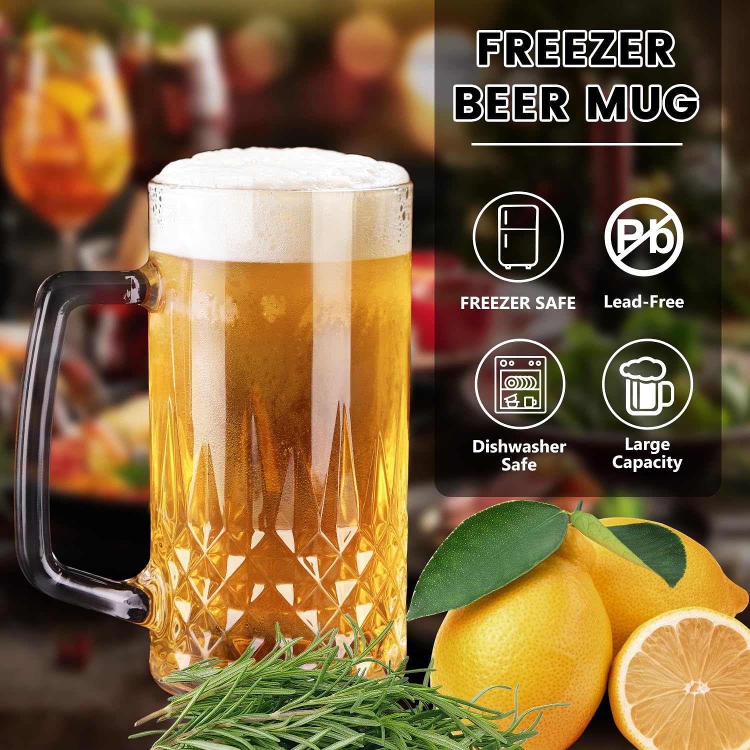 Beer Mugs For Freezer, 20 oz Large Heavy Glass Mugs with Handles Set of 4, Clear Large Beer Steins for Tea, Coffee, Lead-Free Glasses Oktoberfest Style, Best Gifts for Dad Husband or Friend - Image 3