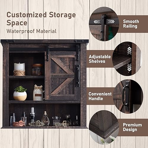 Miniatura 5 de OKD Gabinete de pared de baño, botiquín de granja con puerta corrediza de granero y estantes ajustables, armario de almacenamiento montado en la