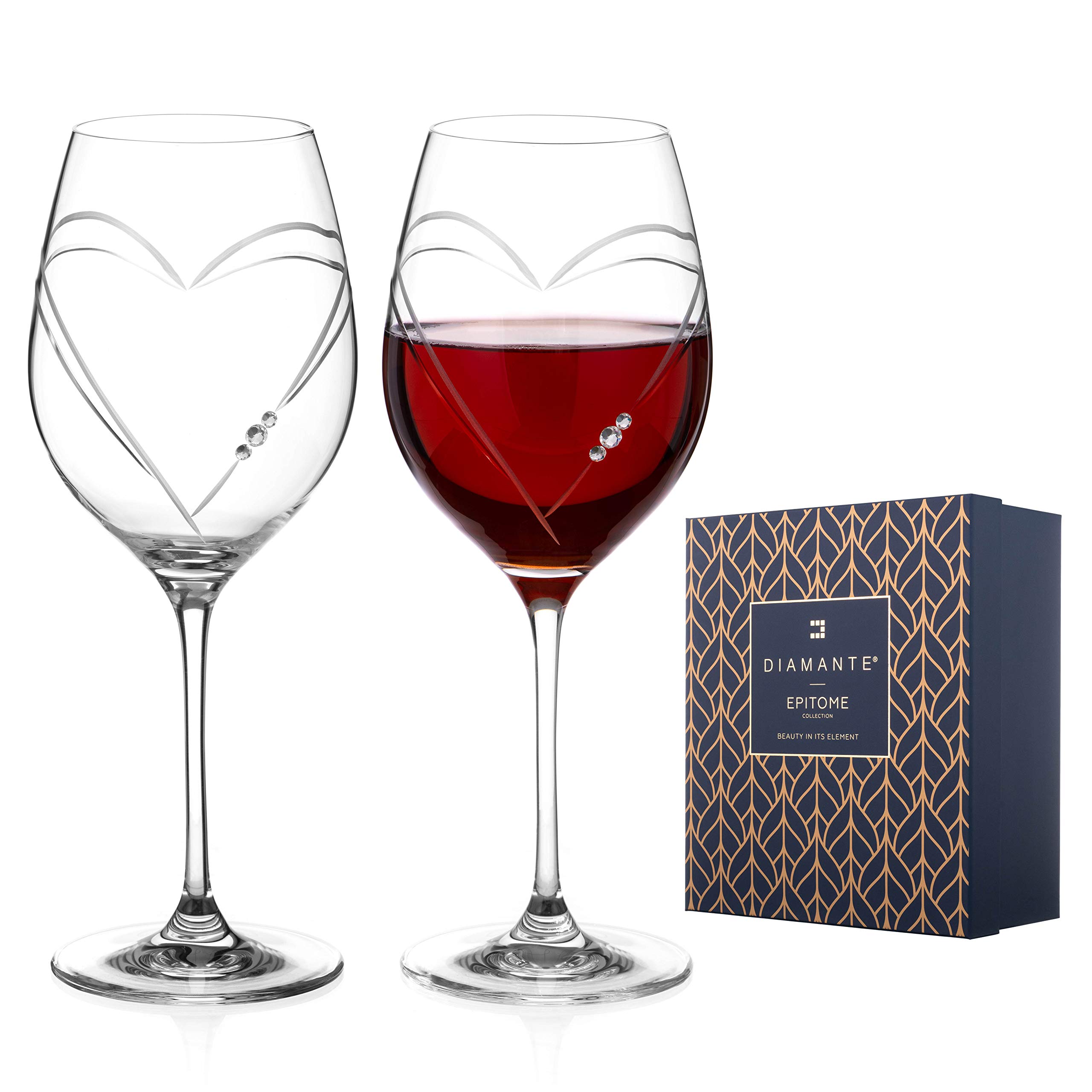 DIAMANTE Hearts Wine Glasses Pair – ‘Hearts’ Collection Crystal Wine Goblets Set of 2 - with Display Box
