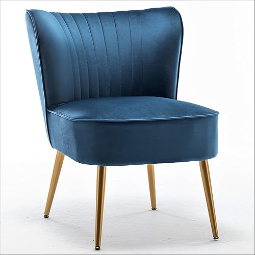 Silla moderna de terciopelo para sala de estar, dormitorio o entrada, diseño elegante y cómodo sin brazos con patas de metal, color azul marino