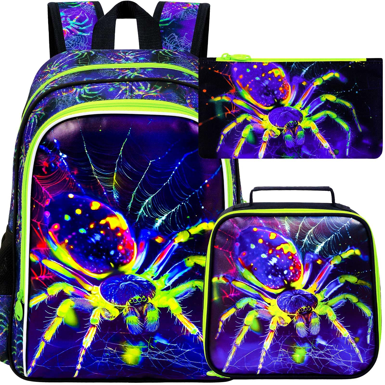 ZLYERT 16" Spider Backpack for Boy, 3Pcs Kids Bookbag for Elementary Preschool Kindergarten, School Backpacks with Lunch Box(Green)
