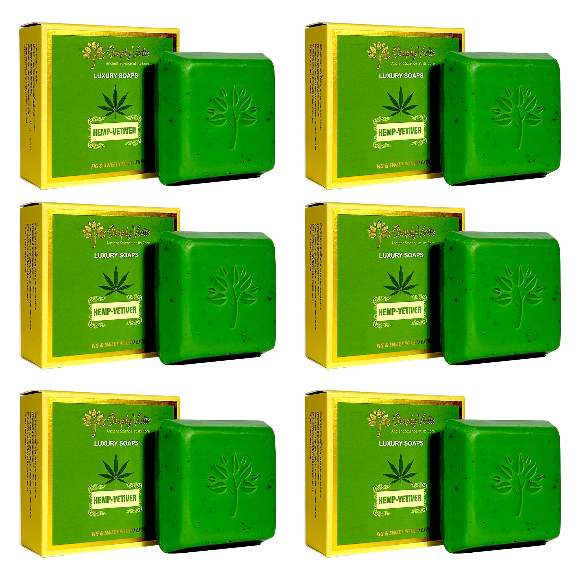 Simply Vedic Indian Hemp Vetiver Soap Bar Collection (4 oz. x 6 Soaps) for body, hand, and face. Natural Soaps made with Premium Essential oils. Body Soap Bars for Men and Women. Soap Set for Gifting.