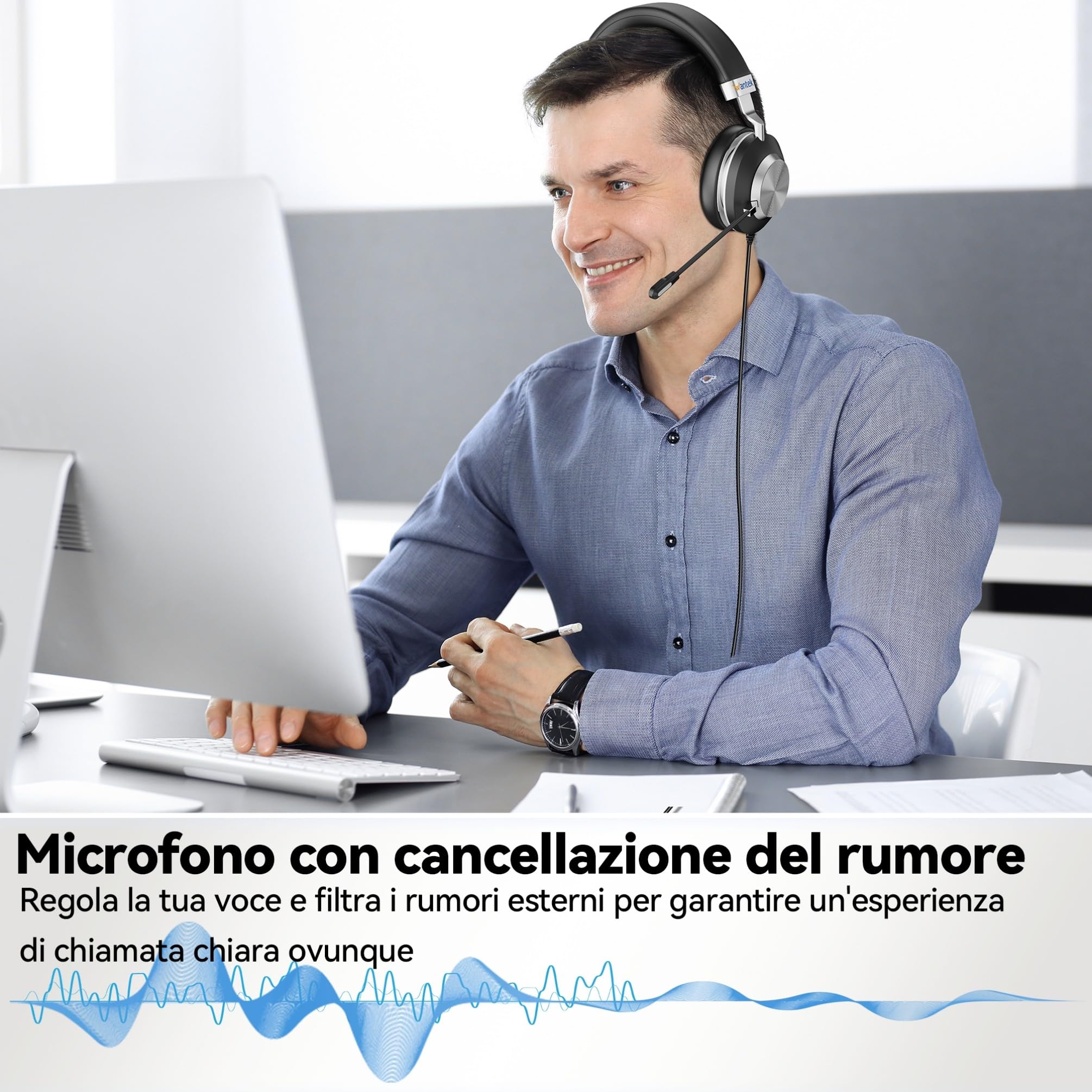 Wantek Cuffie USB con Microfono e Cancellazione Rumore,3-in-1 (USB A/Tipo C/Jack 3,5 mm) Cuffie con Filo per PC,Controllo Volume,Perfette per Call Center, Zoom,Home Office e Lezioni Online