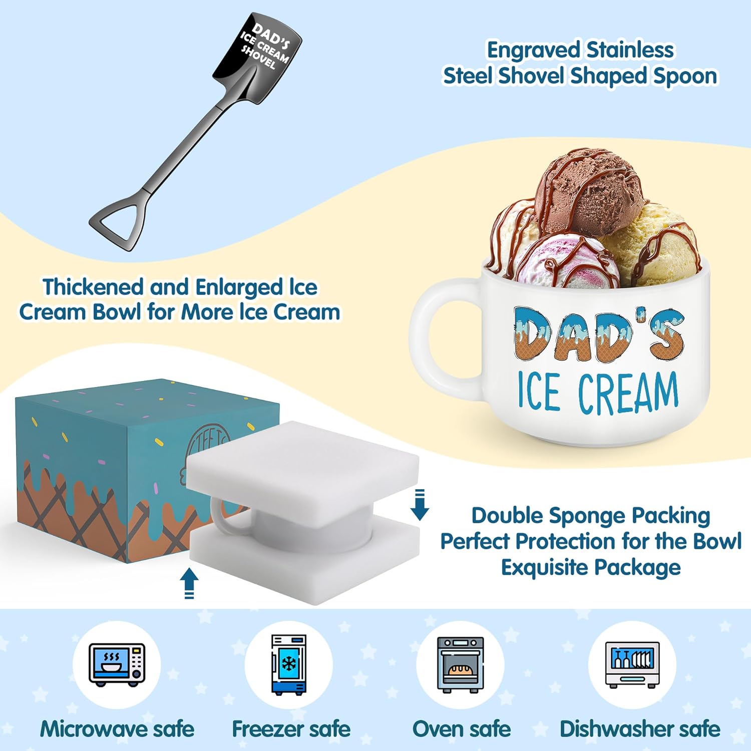 Fathers Day Birthday Gifts for Dad,Best Dad Ever Gifts from Daughter Son,Funny Ice Cream Bowl with Shovel Spoon Set Present for Papa Dads Bonus Step New First Time Daddy Father - Image 4