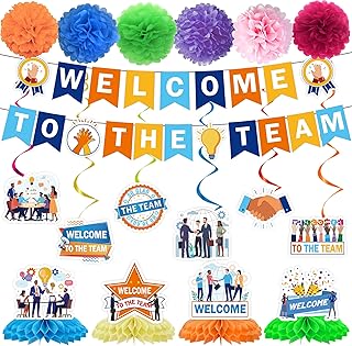 Welcome to the Team Decorations, 2 Office Welcome Banner, 6 Hanging Swirls, 4 Honeycomb Centerpieces & 6 Paper Pompoms for New Employee Professional Celebration
