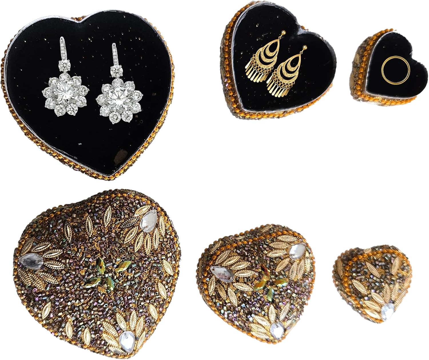 Set of 3 Small Vintage Jewelry Boxes – Heart Shaped Trinket Storage – Bling Metal Decorative Boxes – Mini Fancy Jewelry Case for Women – Elegant Heart Shape Gifts