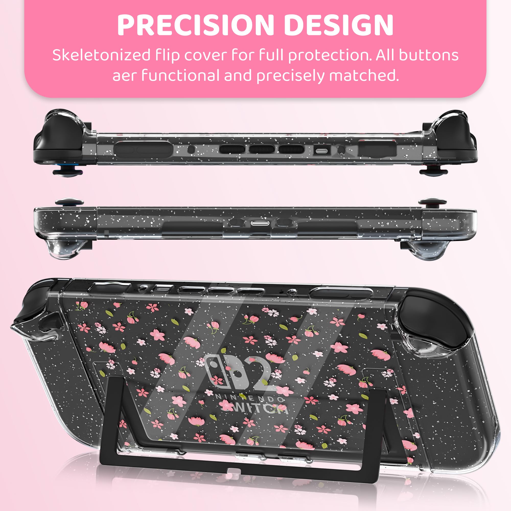 FANPL Custodia da trasporto carina per Nintendo Switch 2, kit di accessori per interruttore rosa con custodia rigida da viaggio con motivo floreale, cover Sakura glitterata, cinturino regolabile