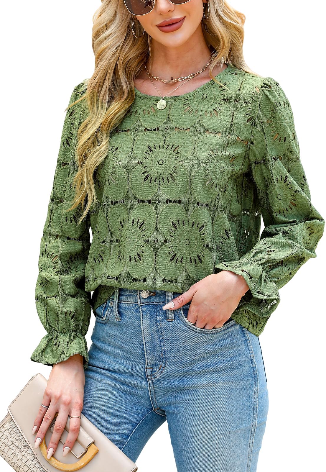 CUPSHE Women's Eyelet Tops Summer Hollow Out Lace Embroidered Crochet Long Sleeve Blouses 2026