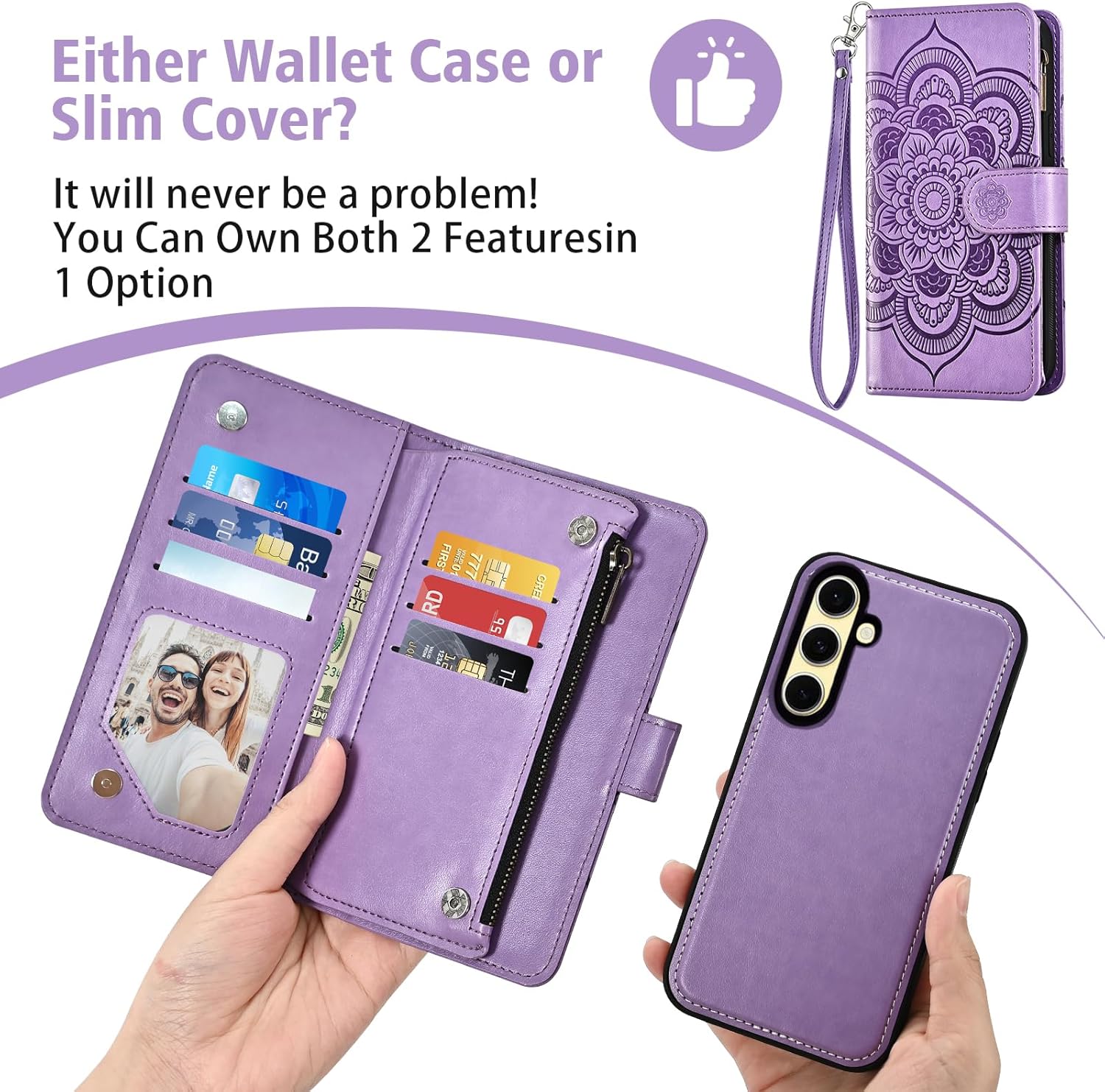 Asuwish Phone Case for Samsung Galaxy S24 FE 5G Zipper Wallet Magnetic Detachable Cell Cover with Tempered Glass Screen Protector Crossbody Strap Flower Card Holder Slot S 24 EF S24FE 24S Women Purple