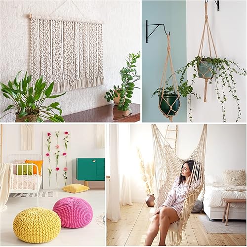 Miniatura 6 de Cordón de macramé de 0.157 in x 328 yardas  Cuerda de macramé 100% algodón natural  Cuerda de algodón trenzado de 4 hebras para manualidades, tejer,