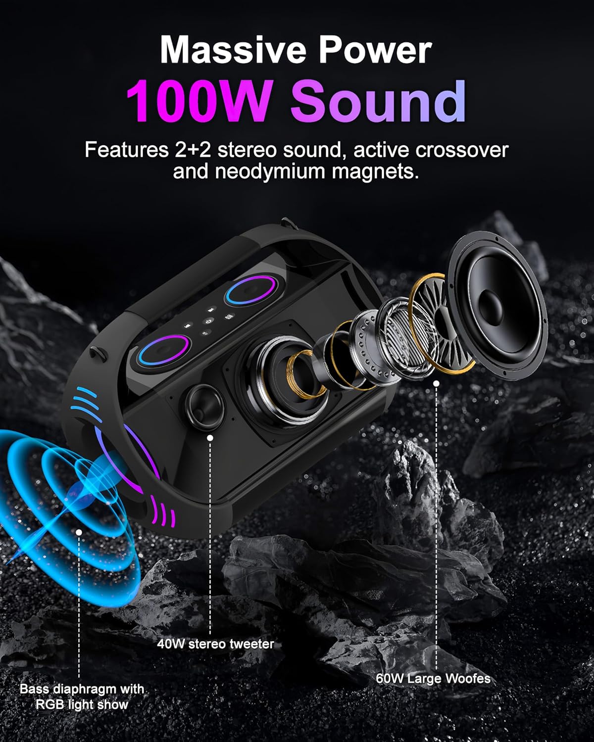 Rechargeable Karaoke Party Speaker(100W) with 2 Wireless Microphones for Adults and Kids,18000mAh,LED Light Show,HD Sound,Deep Bass,Support Recording/Bluetooth/AUX/USB/TF Play for Home,Tv,Beach,Travel