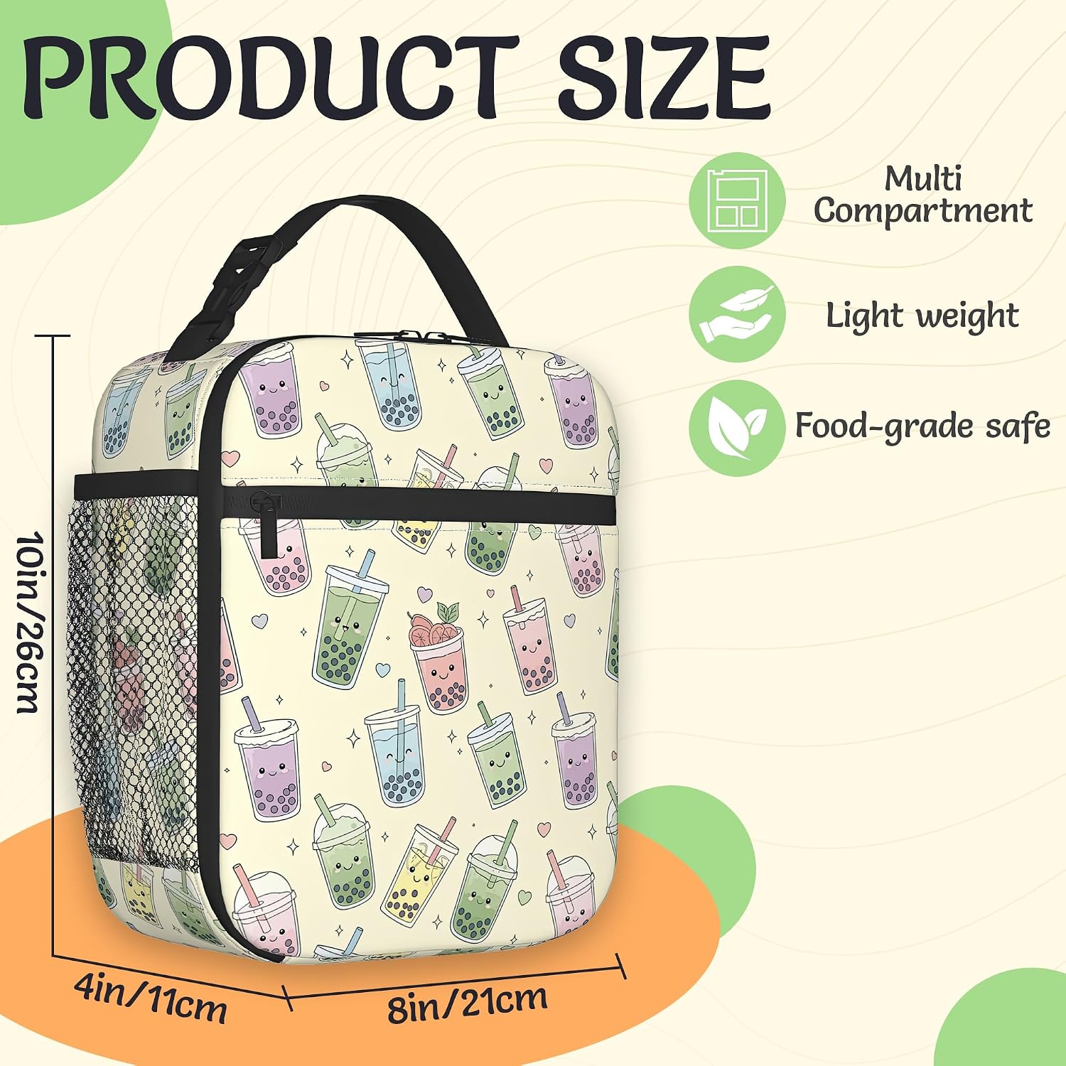 Cute Bubbles Tea Lunch Box for Men,Cartoon Drinks Lightweight Reusable Lunch Bag for Girls Boys,Portable Insulated Small Cooler Bag for Picnic,Travel,School,Office image 2