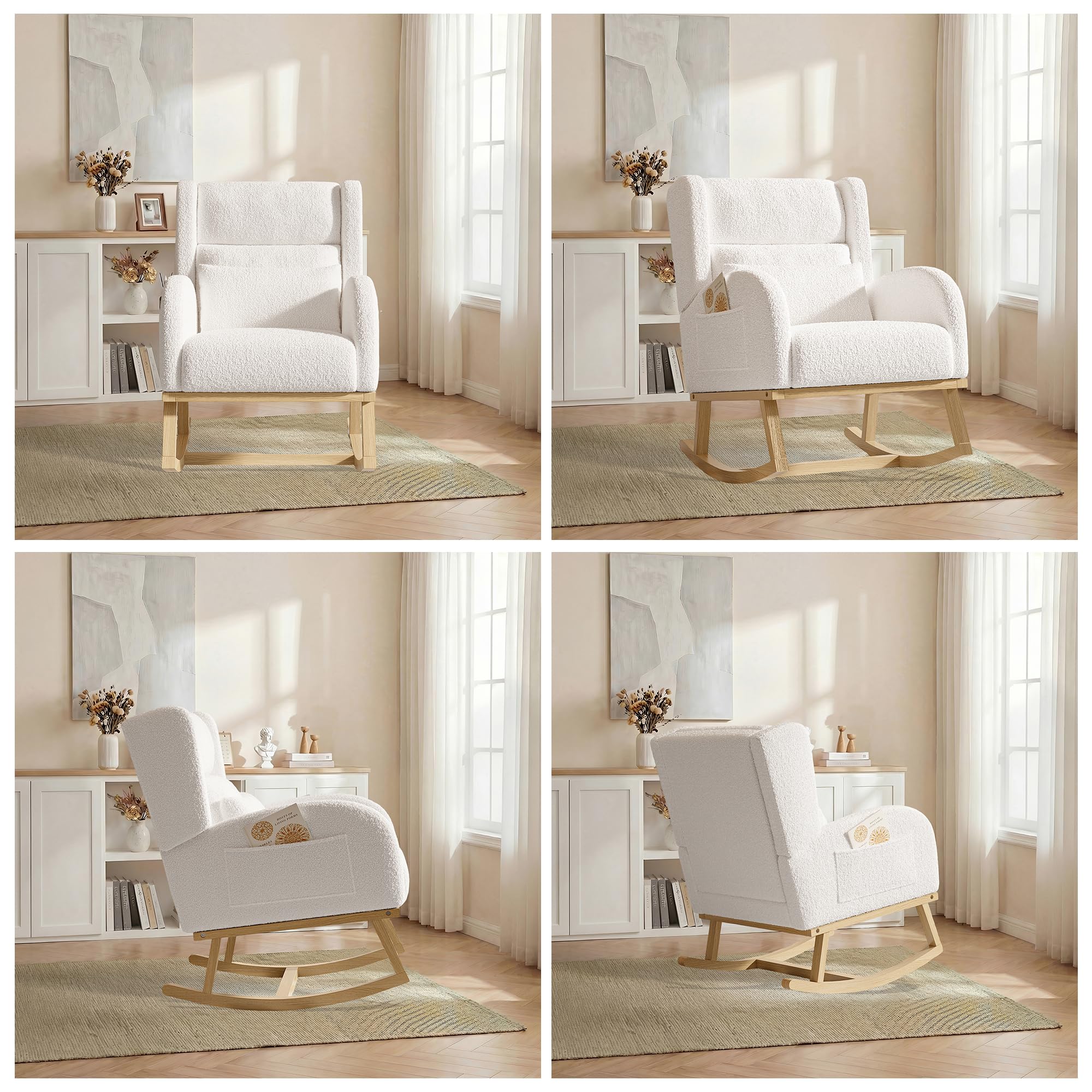Sillón de lactancia con cojín, Silla mecedora con bolsillos, Mecedora interior exterior, Silla de lactancia para habitación del bebé, Silla mecedora para habitación, Balcón (Blanco-3, 65x92x89