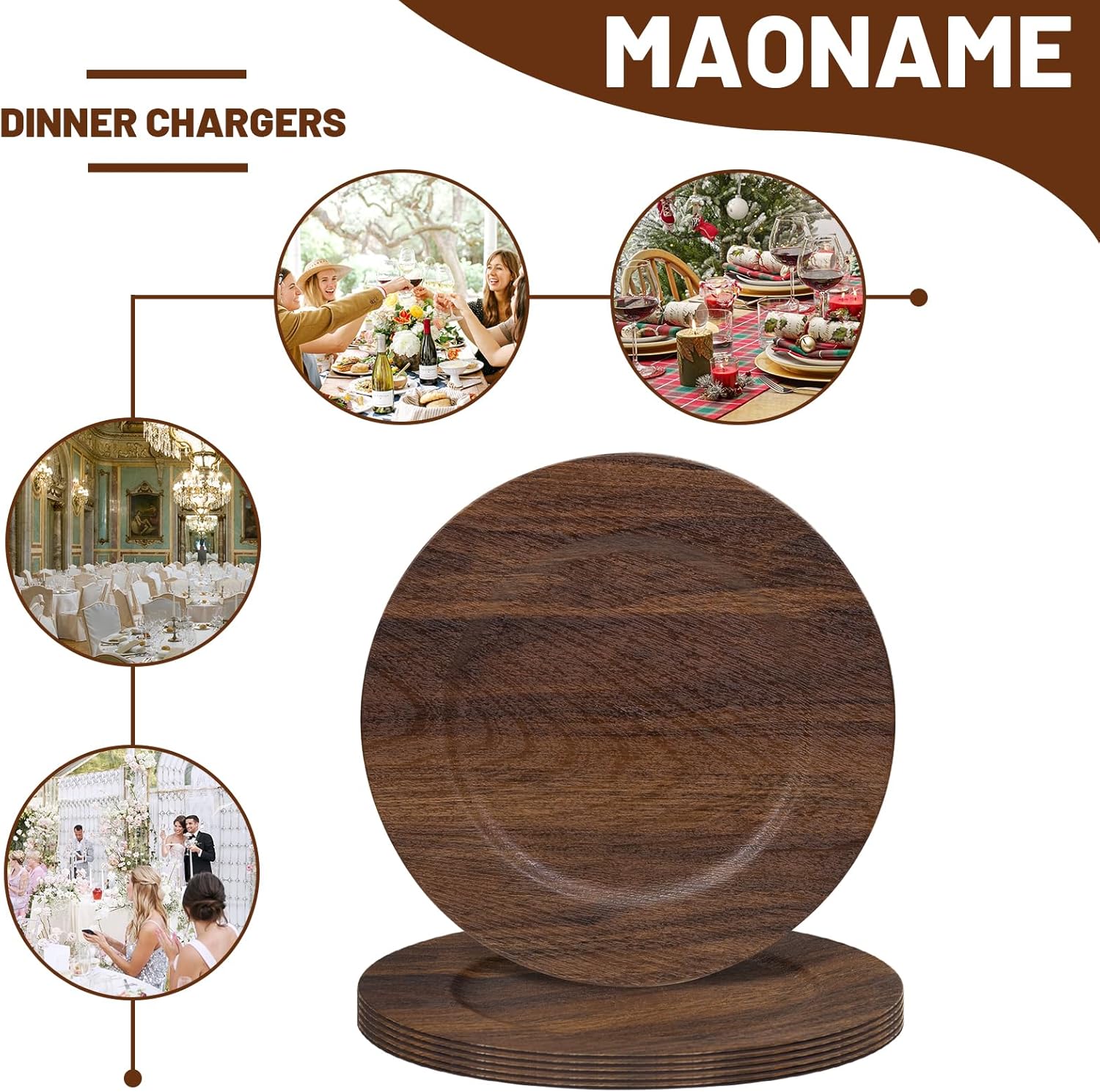MAONAME Round Charger Plates Set of 6, 13 Inch Brown Charger for Dinner Plates, Farmhouse Faux Wood Plate Chargers, Rustic Table Chargers for Weddings, Party