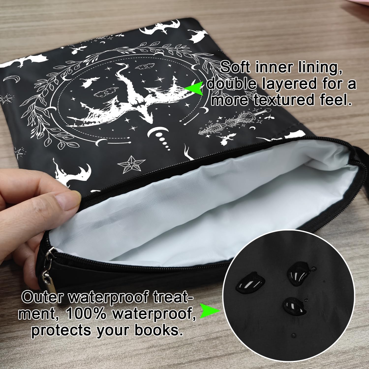 Romantasy Dark Academia Dragons Book Sleeve, Fantasy Novel Reader Gift, Bookish Gifts, Book Inspired Gift, Paperback Book Protector Book Cover Dragons Lovers Book Gifts (Dragons Book Pouch-Black) - Image 2