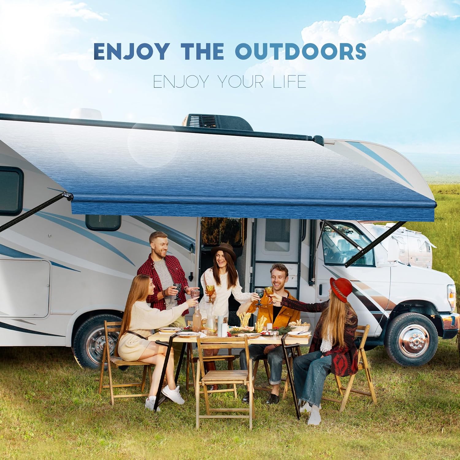 Heavy Duty RV Awning Fabric Replacement - 19.5oz Vinyl Camper Awning - Waterproof & UV-Resistant - Universal Canopy for Camper, Trailer and Motorhome (Blue, 15FT(Fabric 14'2"))