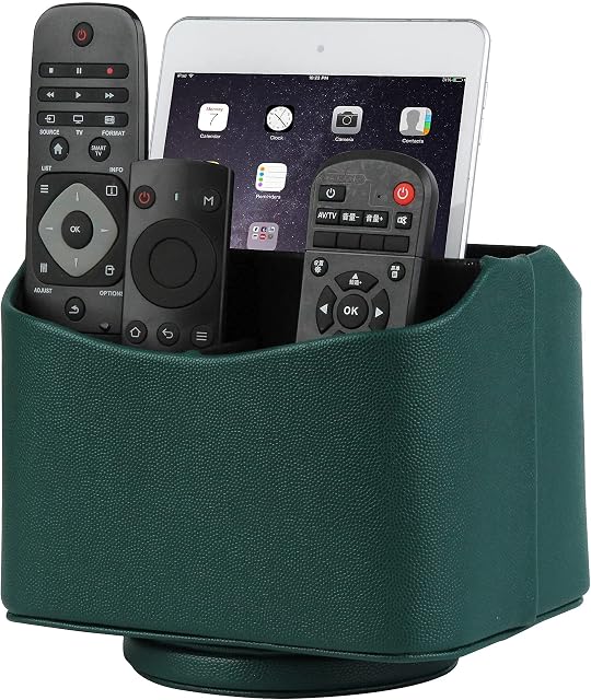 HofferRuffer Green Remote Control Holder 5 Compartments Remote Storage Holder 360 Degrees Rotatable Desktop PU Leather Storage Caddy Organizer for TV Guide, Cosmetic, Sunglasses