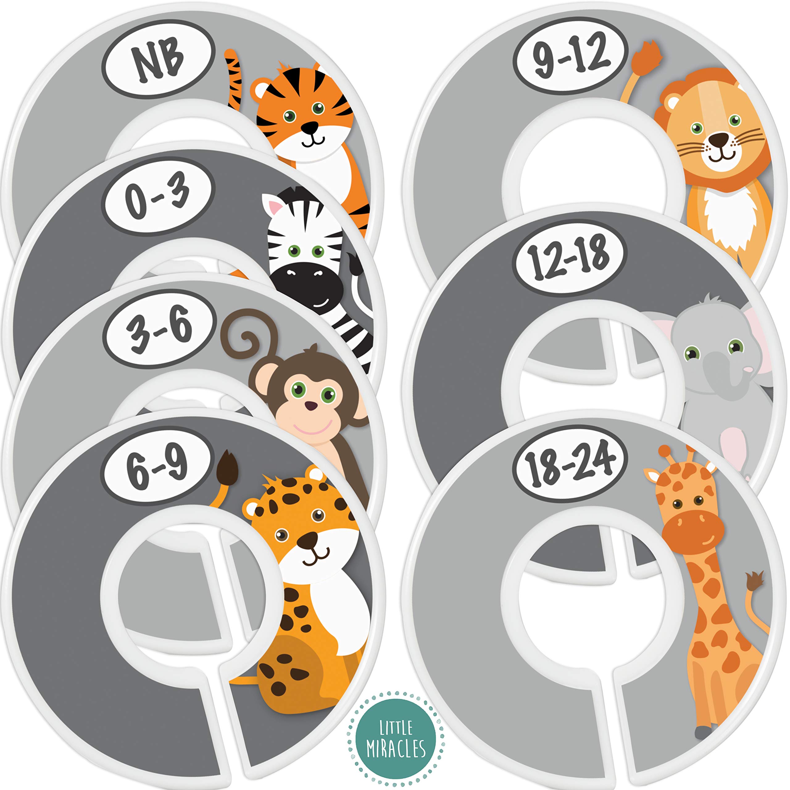 Baby Closet Size Dividers - 7X Safari Nursery Closet Dividers for Baby Clothes - Elephant Giraffe Zebra Lion Monkey Nursery Decor - Baby Closet Dividers for Boy or Girl - [Safari] [Grey/Gray]
