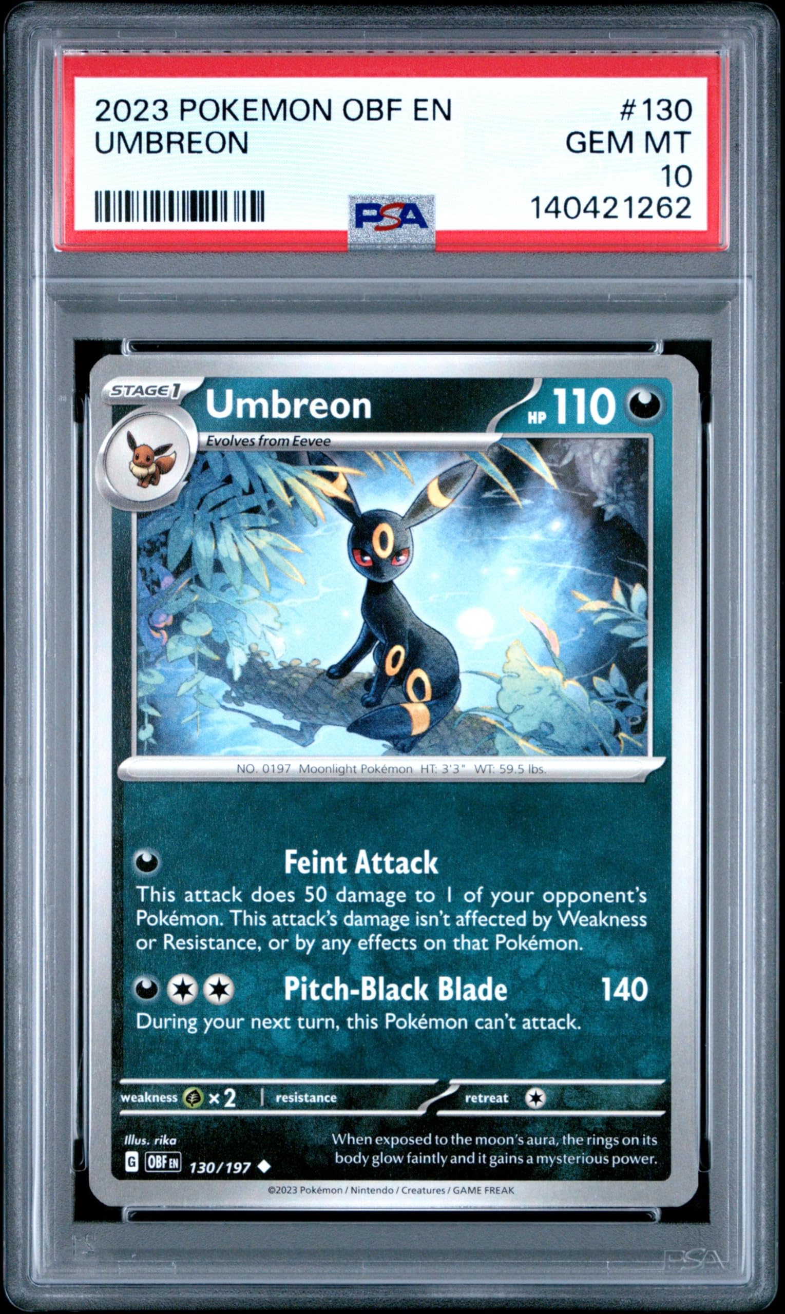 Graded 2023 PKM OBF Umbreon #130 Obsidian Flames Trading Card Game PSA 10 Gem Mint