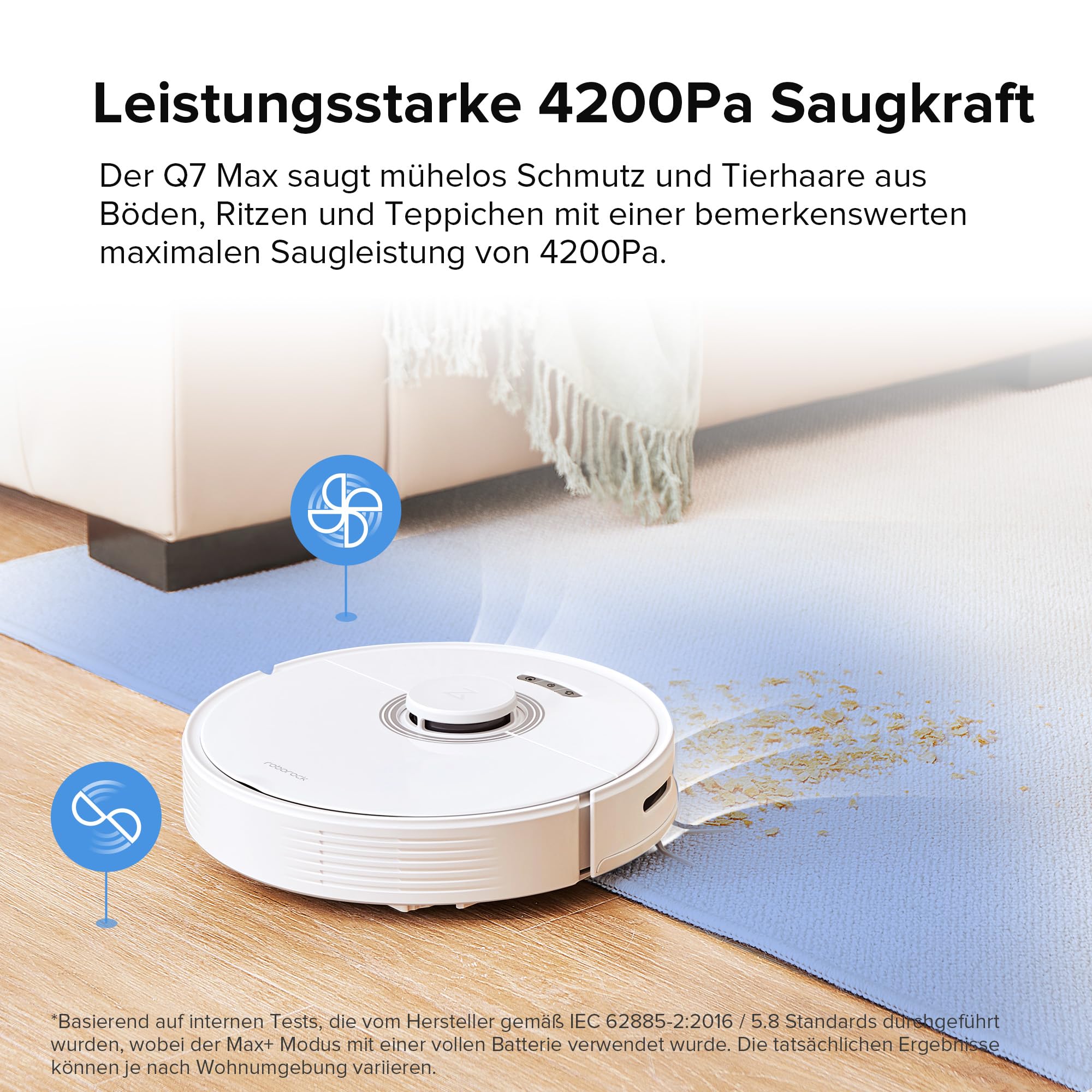 Roborock Q7 Max Saugroboter mit Vollgummibürste, 4200Pa Saugkraft, PreciSense-LiDAR-Navigation & 3D Mapping, Teppiche, Tierhaare, App/Alexa (Weiß) (Generalüberholt)