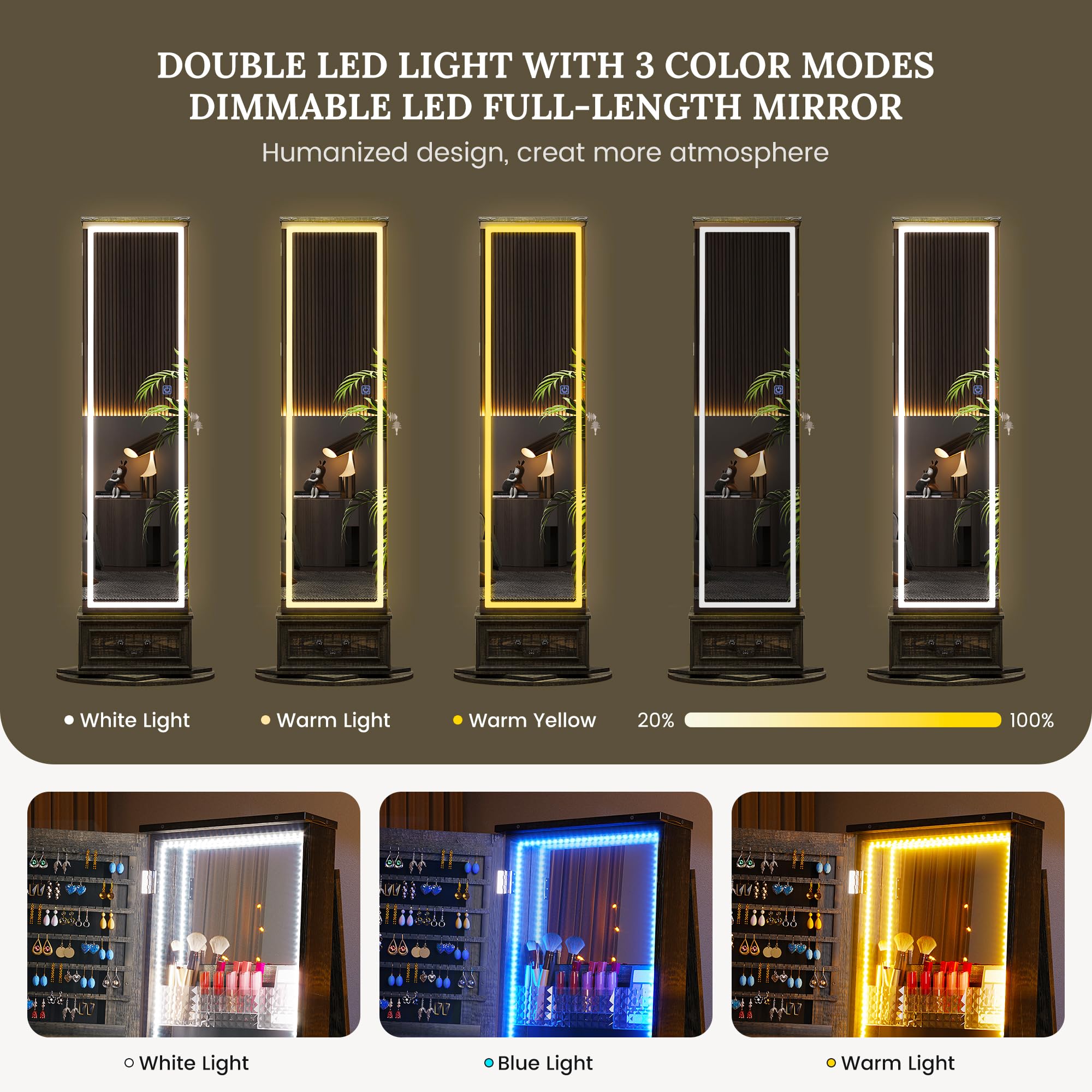 LVSOMT LED Mirror Jewelry Cabinet Standing, 360ยฐSwivel Jewelry Armoire with Full Length Mirror, Mirror with Jewelry Storage and Large Wooden Drawer for Christmas Gifts (): Rustic Grey