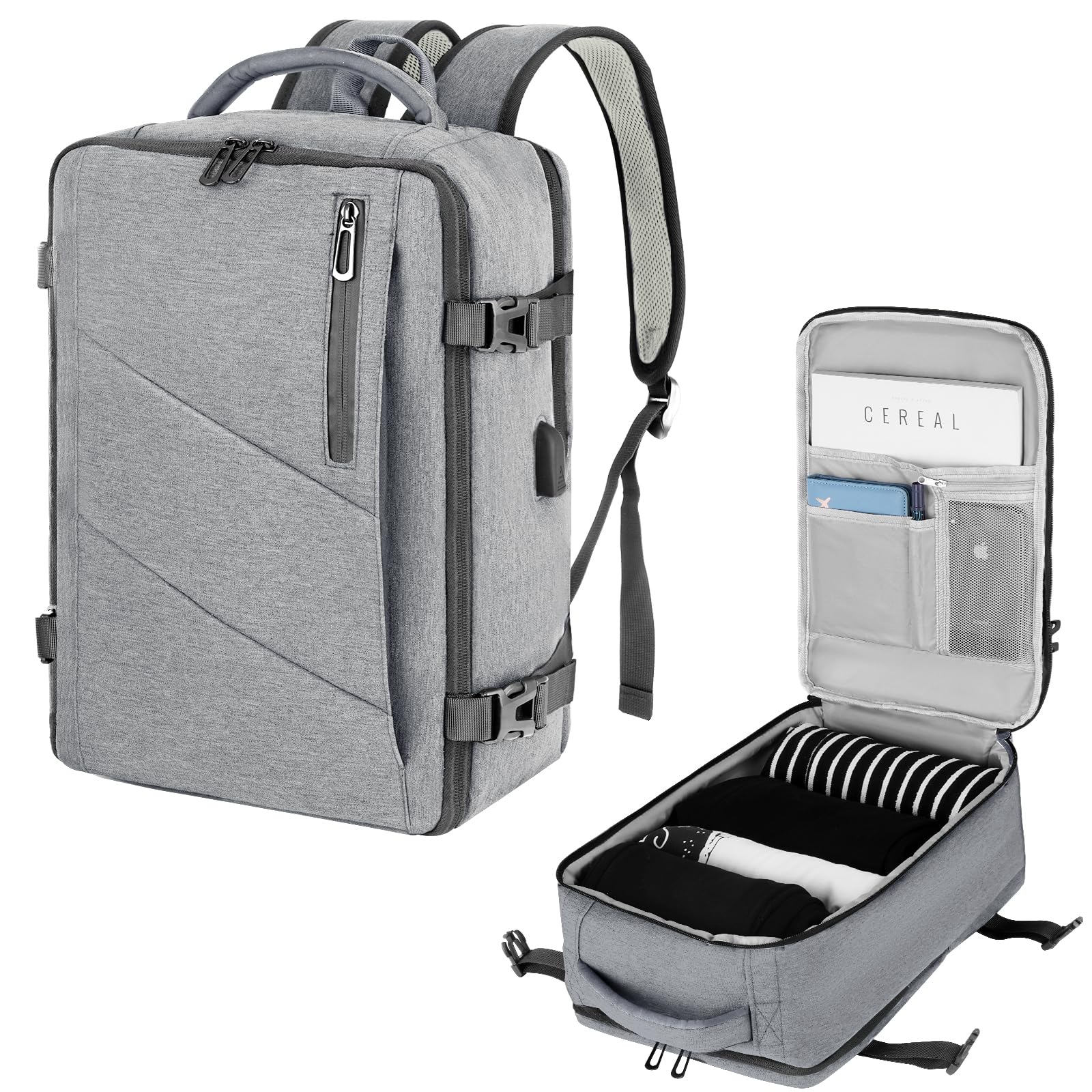 Zaino per Ryanair 40x20x25, Zaino da Viaggio Aereo Bagaglio a Mano Grigio Chiaro Zaino Porta PC Donna Uomo Impermeabile Zaino Bagaglio a Mano per Tutte le Principali Compagnie Aeree, con Porta USB 20L