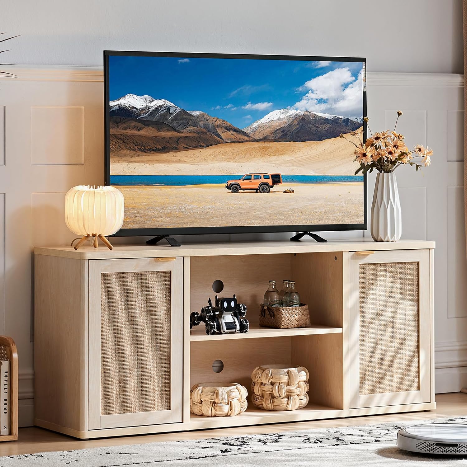 LEYAOYAO Rattan TV Stands for Living Room, Boho TV Cabinet with Storage and Open Shelf, Rustic Wood Entertainment Center, Media Console for 50-65 Inch TV, Light Wood
