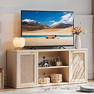 LEYAOYAO Rattan TV Stands for Living Room, Boho TV Cabinet with Storage and Open Shelf, Rustic Wood Entertainment Center, Media Console for 50-65 Inch TV, Light Wood