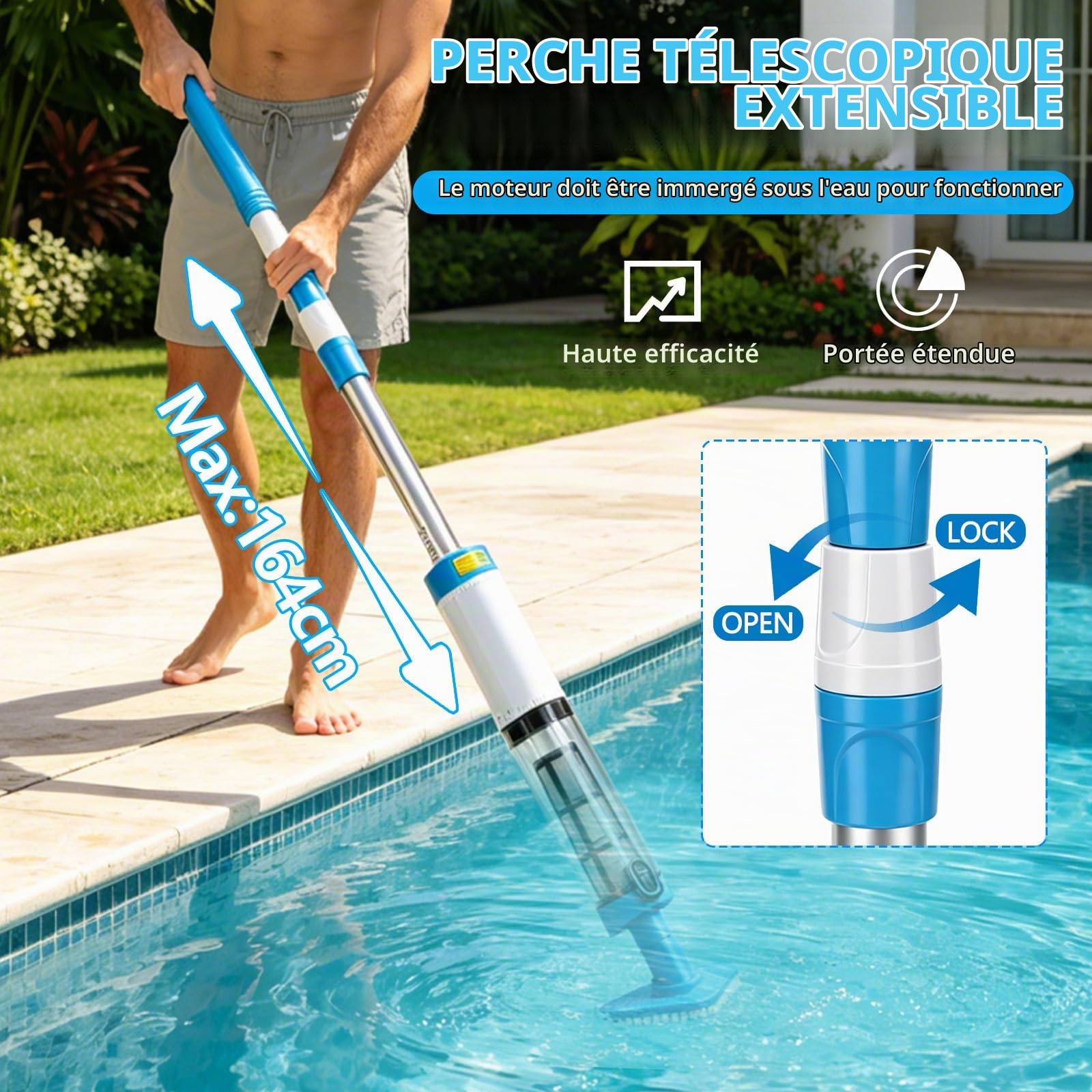 Aspirateur de Piscine sans Fil avec Batterie 1600 mAh, 3 têtes, Max. 165cm | Nettoyeur de piscine portable à batterie, avec rallonge, filtre, aspirateur pour piscine, jacuzzi et pataugeoire