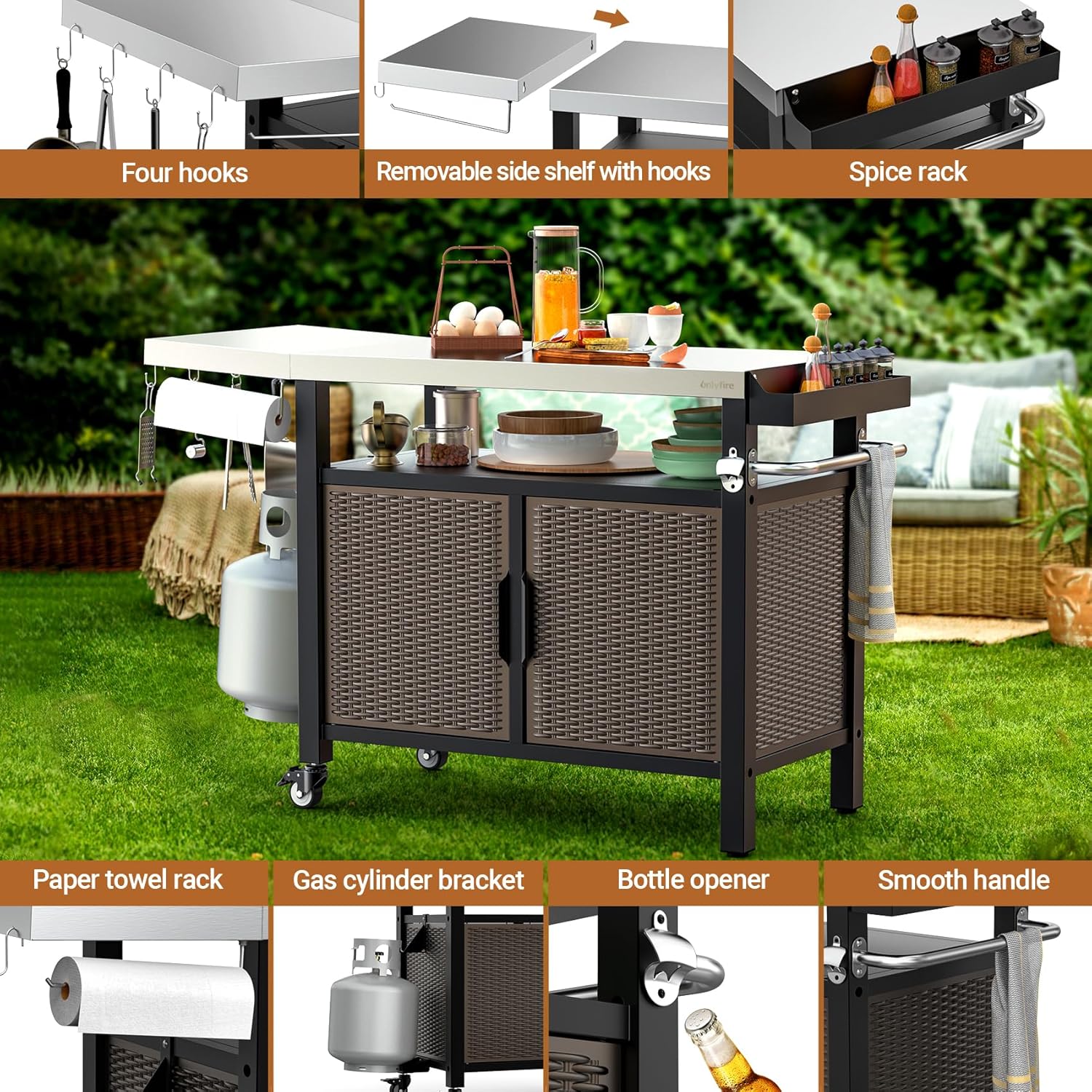 onlyfire 53-Inch Rolling Kitchen Island Cart with XL Stainless Steel Top & Rattan Texture Cabinet, Heavy-Duty Outdoor Dining Cart with Side Shelf, Propane Tank Holder, Spice Rack, Wheels for Patio