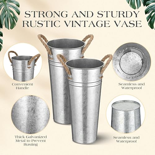 Miniatura 3 de Bokon Paquete de 32 jarrones de metal galvanizado de 9 pulgadas a granel, floreros de flores vintage francesas, cubeta con asas, cubos rústicos de