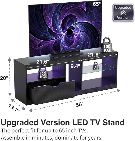 Homall LED TV Stand Mount for 65 inch, Modern Entertainment Center with LED Lights & High Glossy Cabinets, TV Cabinet Console Table with Drawer, Glass Shelves, Dynamic RGB Modes for Living Room, Black