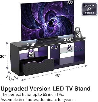 Homall LED TV Stand Mount for 65 inch, Modern Entertainment Center with LED Lights & High Glossy Cabinets, TV Cabinet Console Table with Drawer, Glass Shelves, Dynamic RGB Modes for Living Room, Black