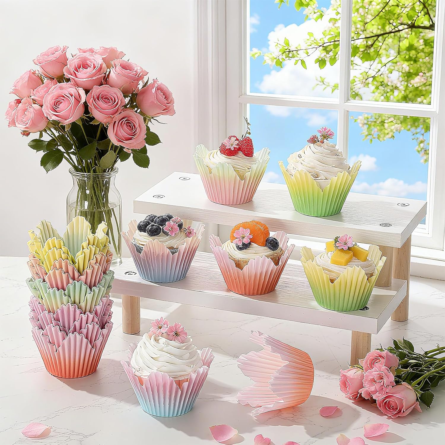 Potchen 200 Pcs Flower Petal Cupcake Liners Pastel Floral Petal Baking Cups Cupcake Liners for Cake Spring Easter Weddings Baby Showers Desserts Bridal Birthday Party Supplies