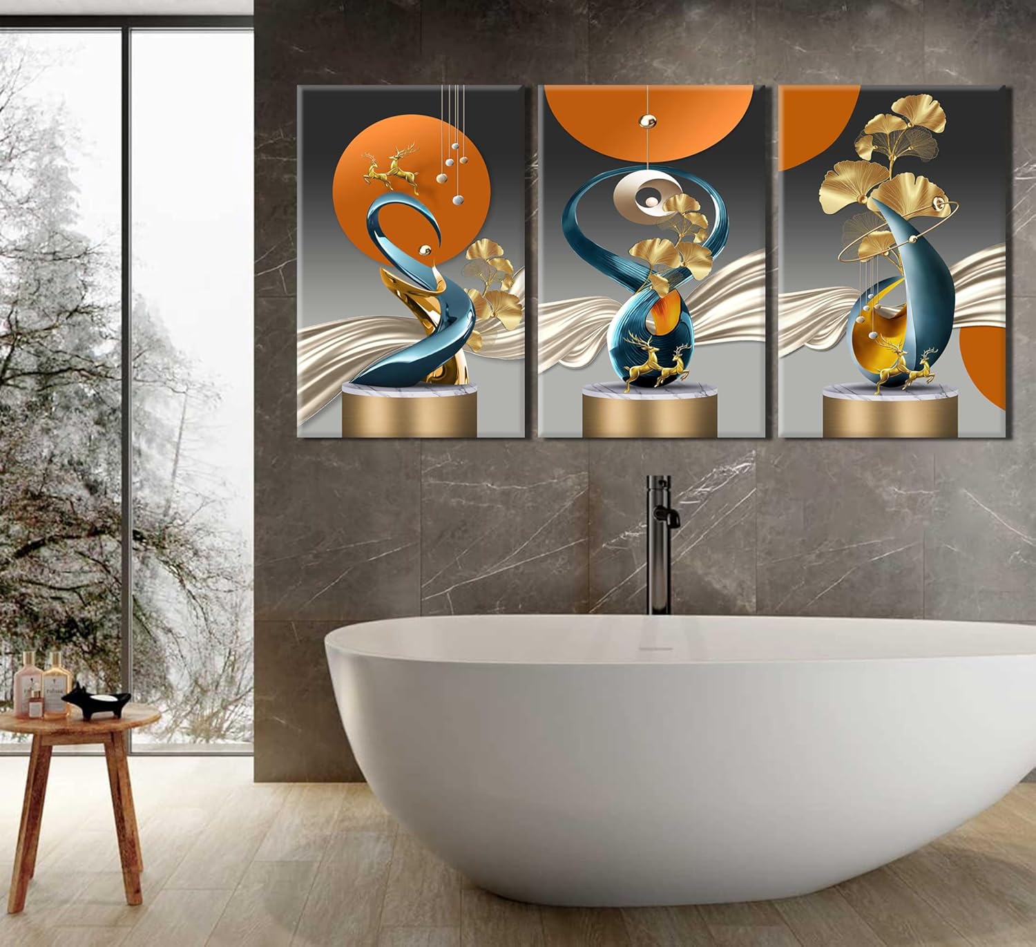 3 Pcs Bright Style Canvas wall Art Golden Deer Luxury Foil Lines Paintings Pictures Modern Abstract White Blue orange color Grey Posters Prints for Living Room Bedroom Office Home Wall Decor Framed
