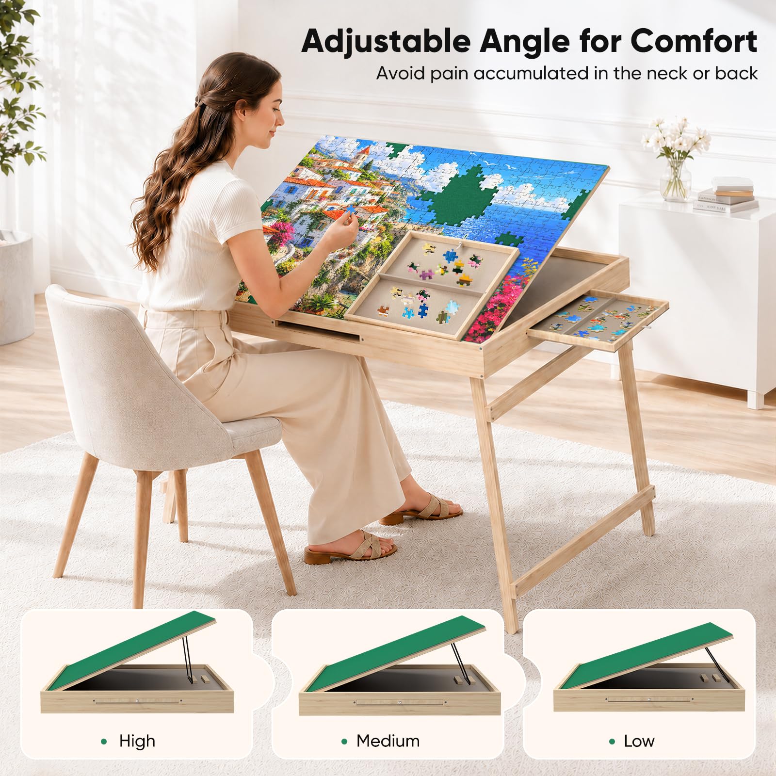 Tavolo Puzzle Portatile con Gambe, 77 x 57cm, in Legno Regolabile con 3 cassetti e Copertura,3 Angoli di inclinazione, Tavolo Puzzle per Adulti（1000 Pezzi ）