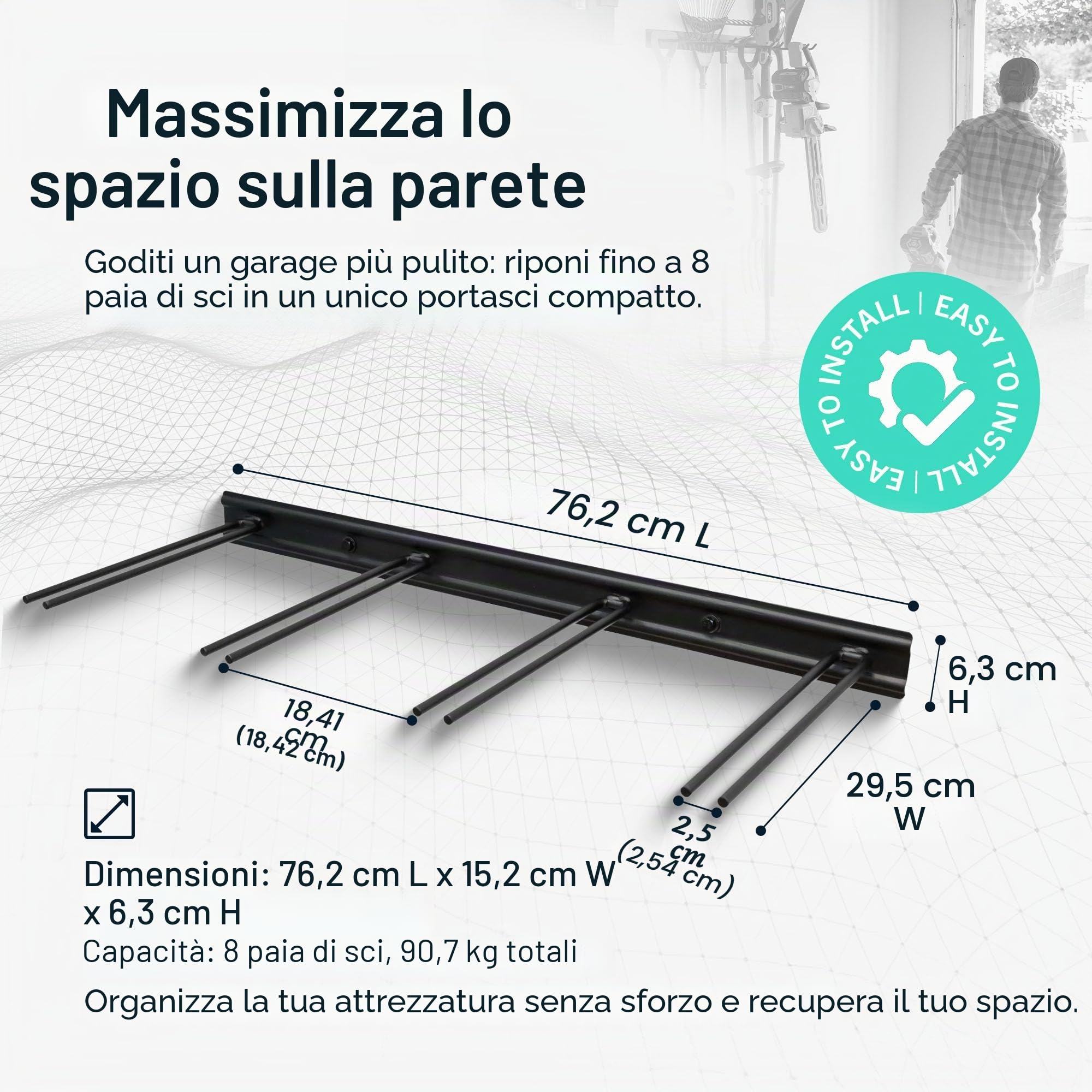 StoreYourBoard Porta sci a muro, può contenere 8 paia, supporto per sci da casa in acciaio e garage (Nero)
