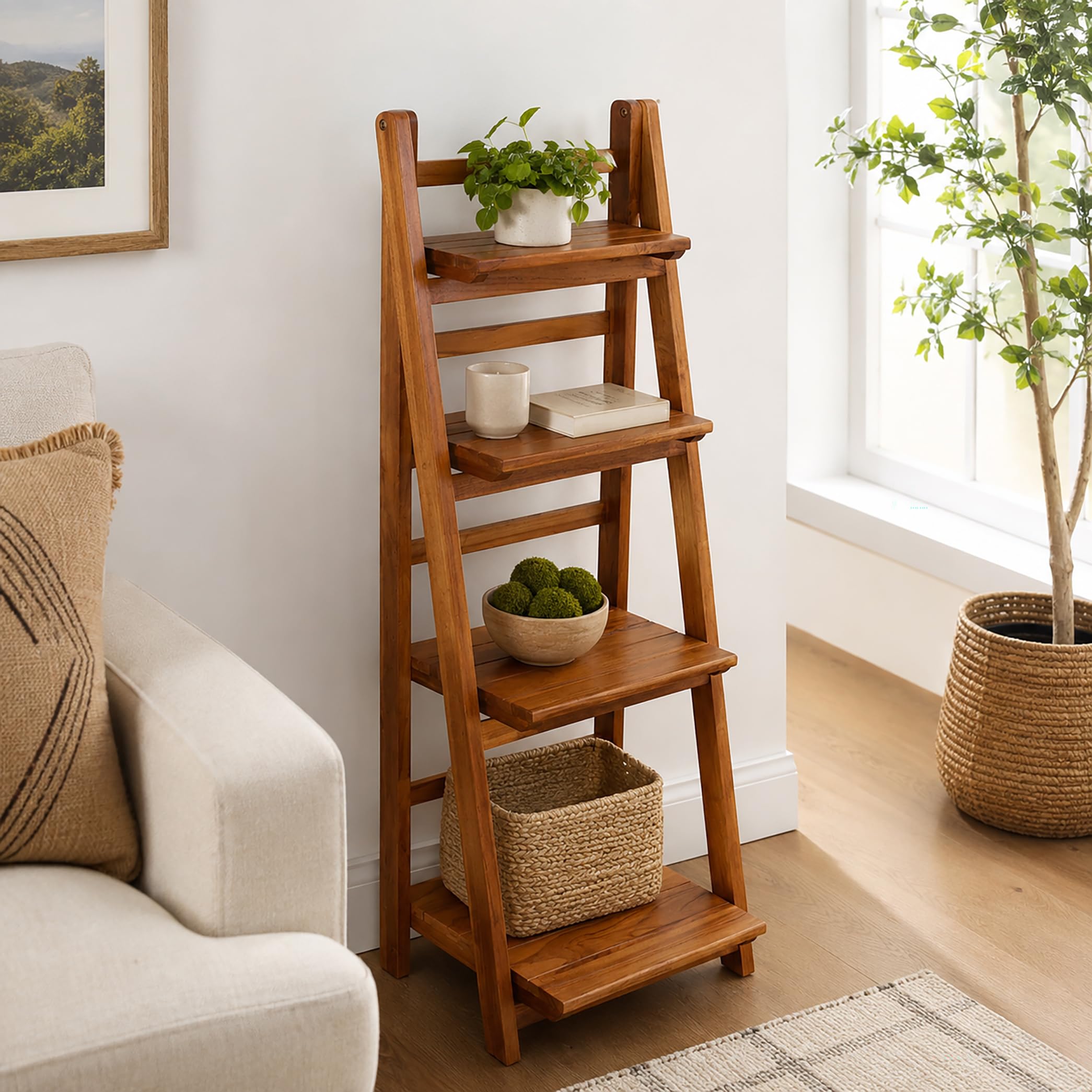 Amazon.com: Milltown Merchants Teak Ladder Shelf - Wooden Ladder