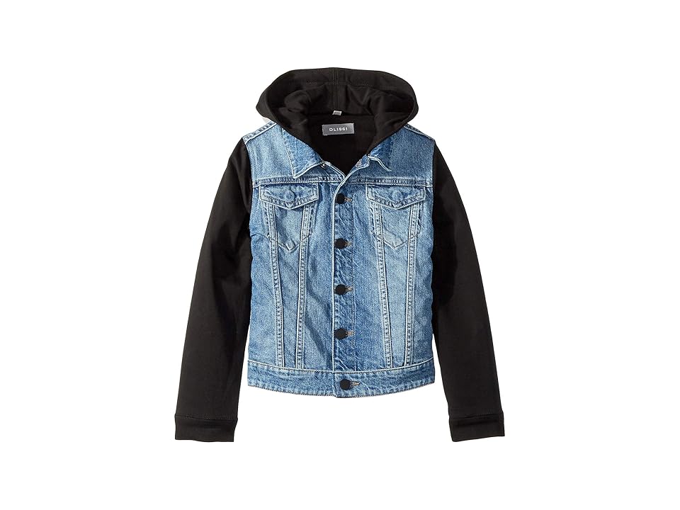 

DL1961 Kids Manning Mid Wash Denim Jacket with Black Knit Sleeves and Hood (Toddler/Little Kids) (Woke) Girl's Coat