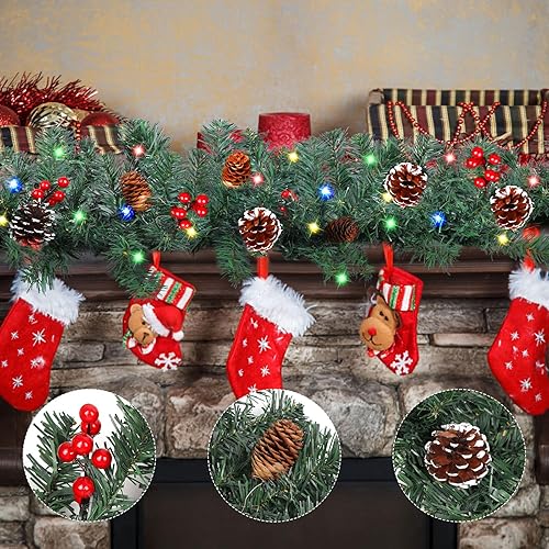 Miniatura 6 de CCINEE Guirnalda de Navidad artificial preiluminada de 9 pies, guirnalda de Navidad que funciona con pilas con 50 luces LED, guirnalda de Navidad